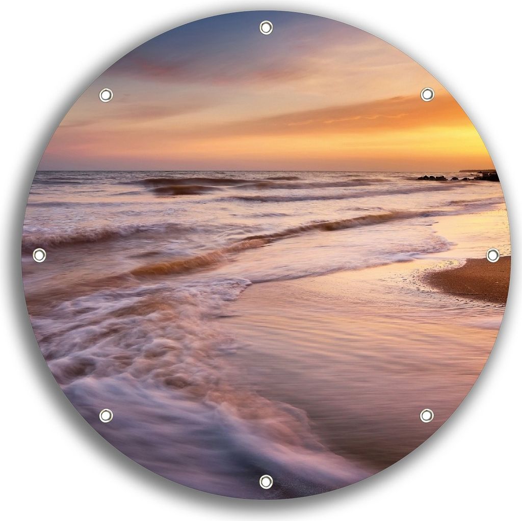 Wallario rundes Outdoor-Poster für Garten oder Balkon, Motiv Sonnenuntergang am Strand - Abendspaziergang, 30 cm Durchmesser