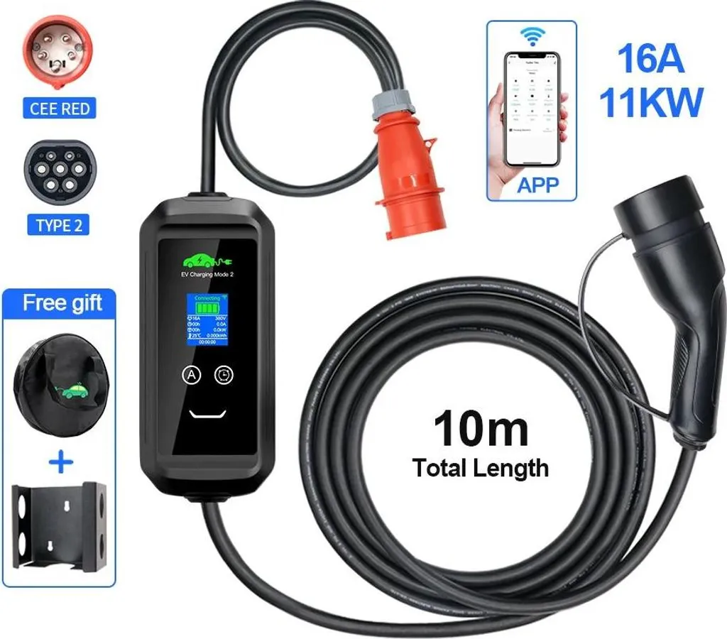 Borne Recharge 11KW pour Garage et Parking Privé, Long Câble 10 Mètres