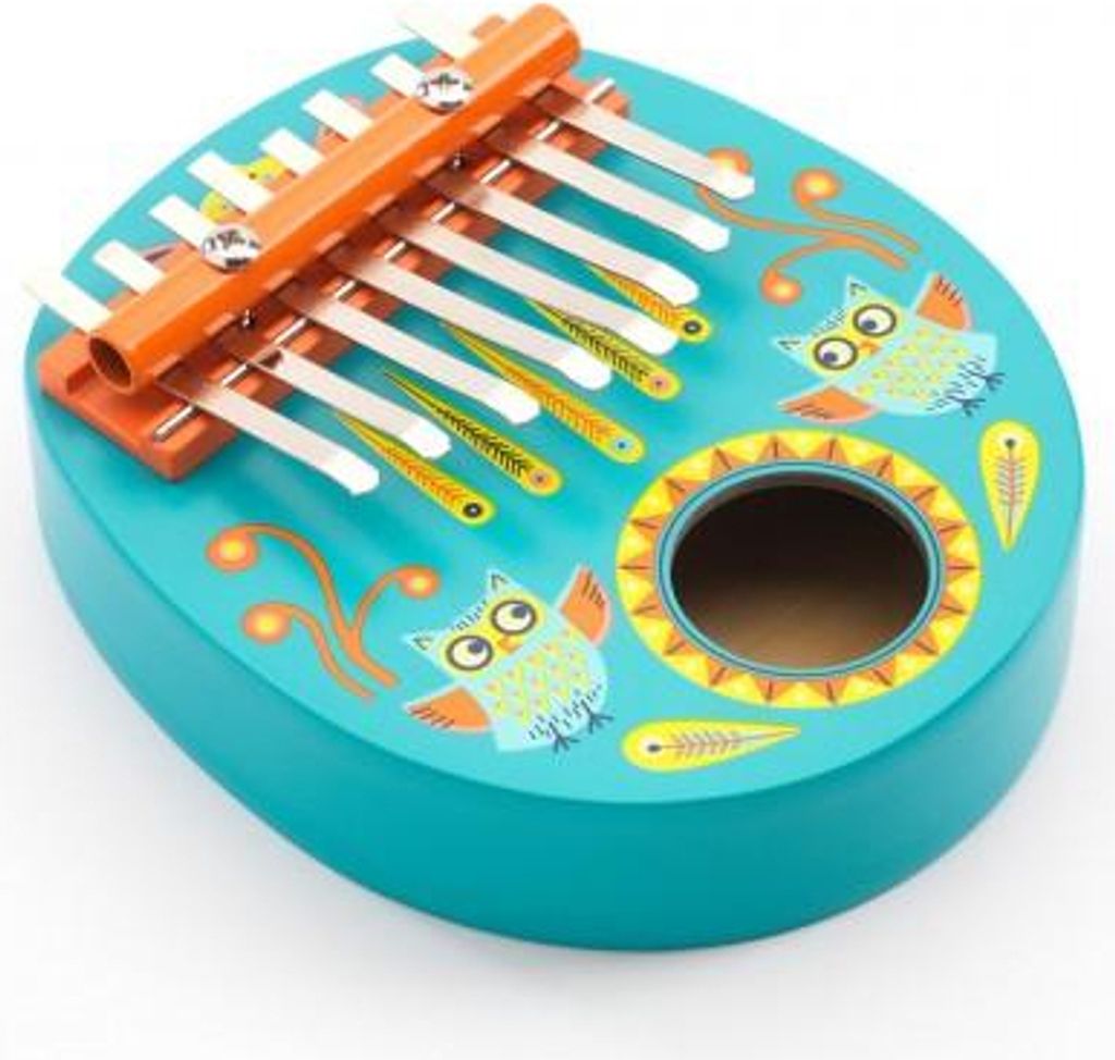A teal kalimba with orange and yellow owl decorations.