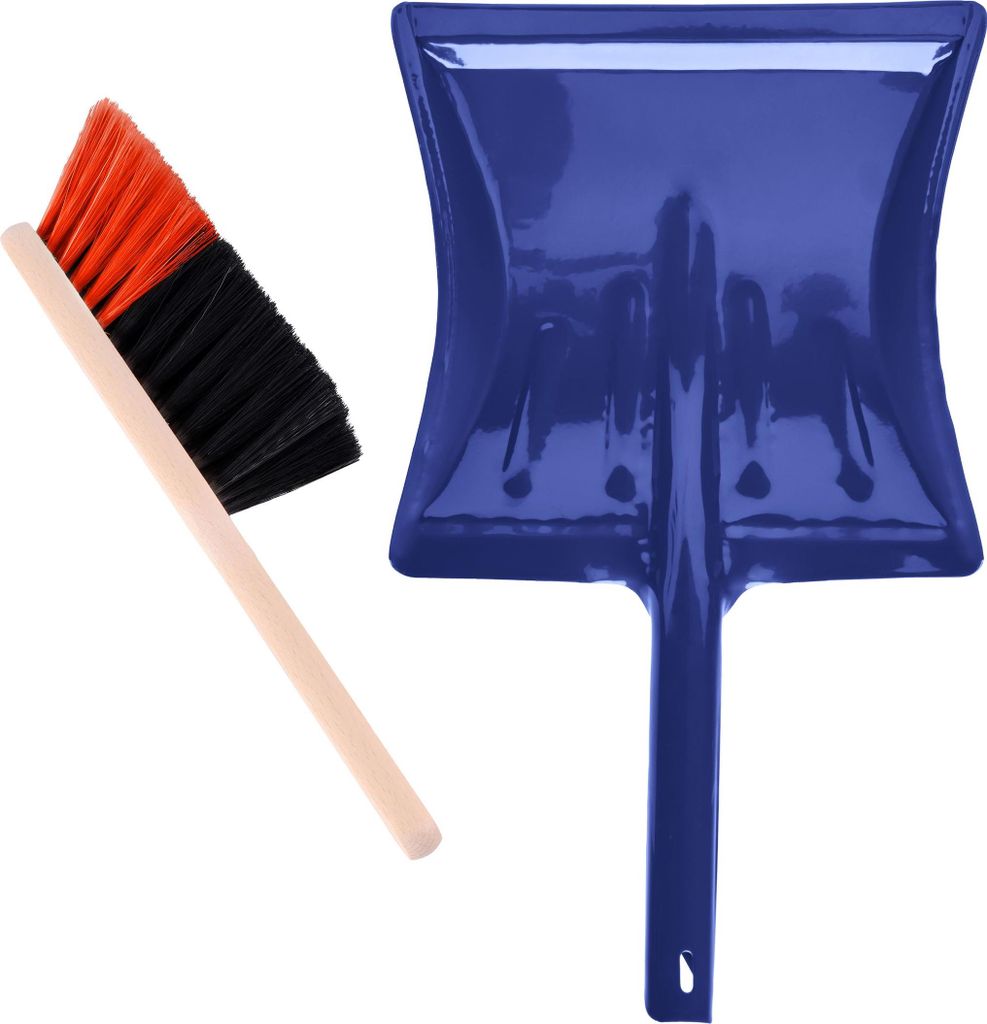 Garronda Kehrgarnitur Kehrschaufel Metall mit Holzgriff Set mit Handbesen (Schwarz/Orange + Blau)