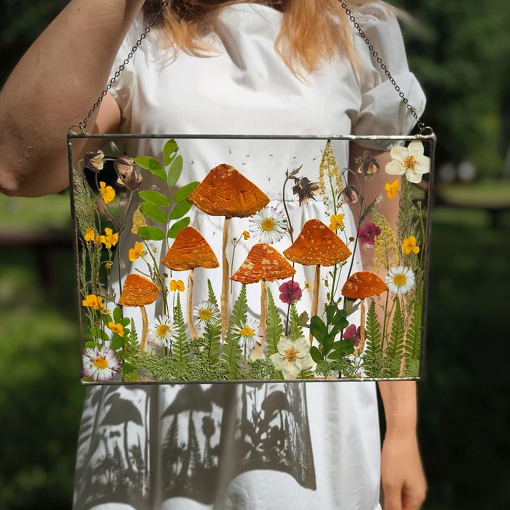 Wildblumen-Pilz-Herbarium-Hängedekoration für drinnen und draußen, Garten, Fenster, Wandbehang, Pilz-Pressblumen-Kunstornament