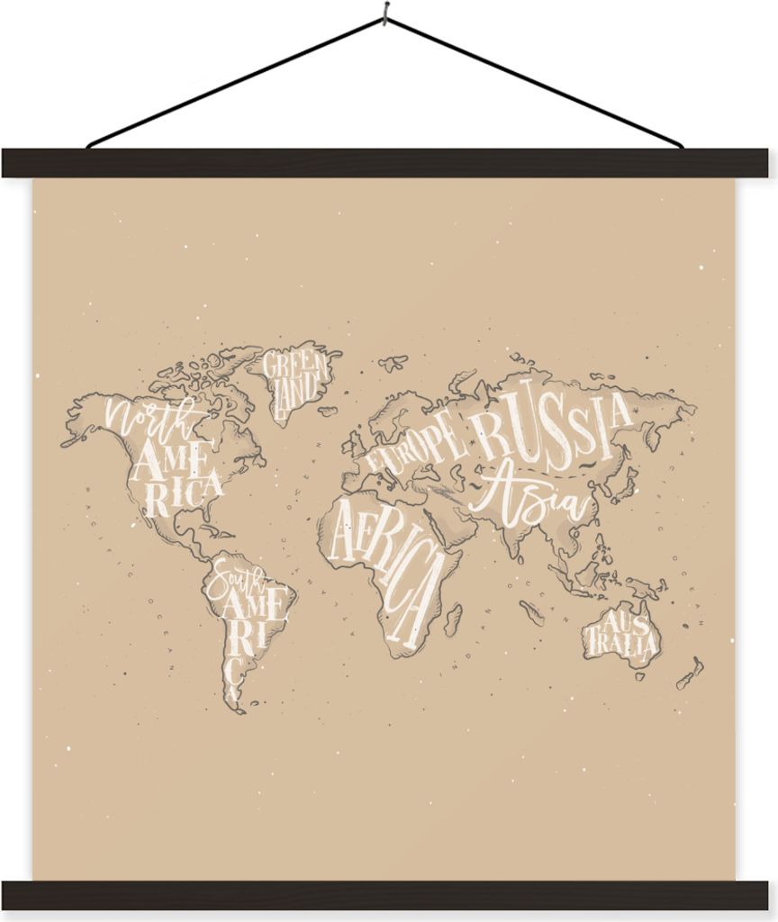 MuchoWow Textilposter Weltkarte - Braun - Weiß - Buchstaben 40x40 cm mit schwarzem Rahmen - Fotos