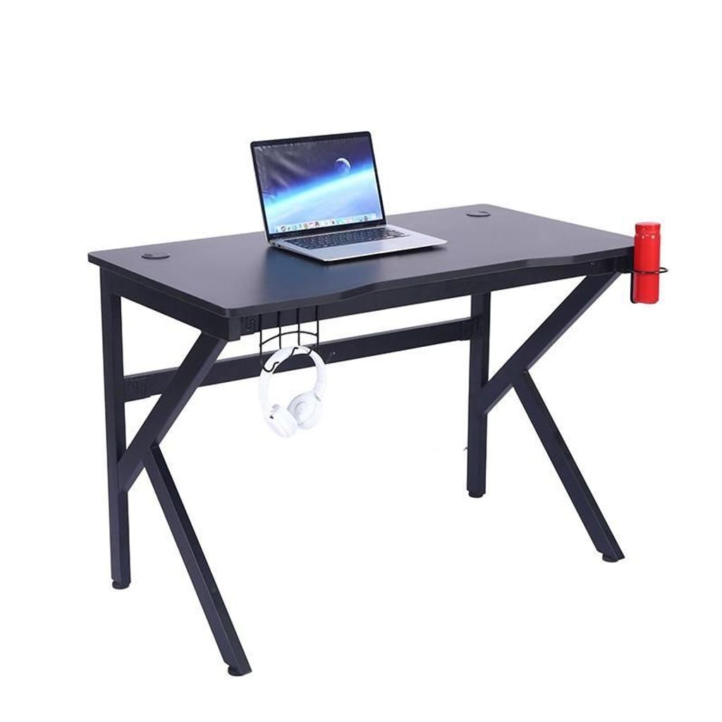 A gaming desk with a laptop, headphones, and a cup holder.