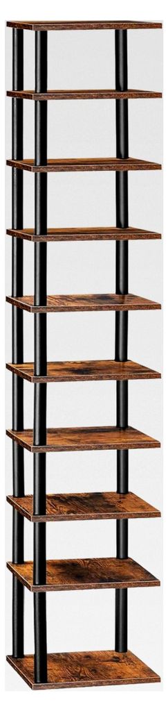 Schuhregal, 10-lagiges Eckregal für Schuhe, schmales Schuhablage, Schuhschrank, Schuhständer, für Flur und Schlafzimmer, Dunkelbraun-Schwarz