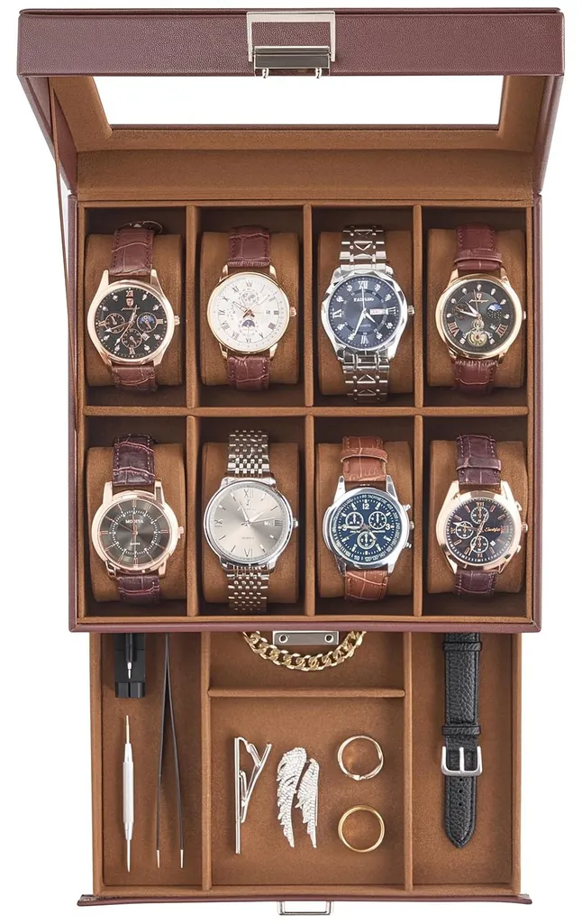 Présentoir montres avec 8 coussins amovibles et vitrine en verre minéral