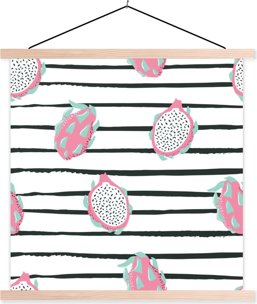 MuchoWow Textilposter Sommer - Obst - Streifen 120x120 cm mit holzfarbenen Rahmen - Textil-Poster