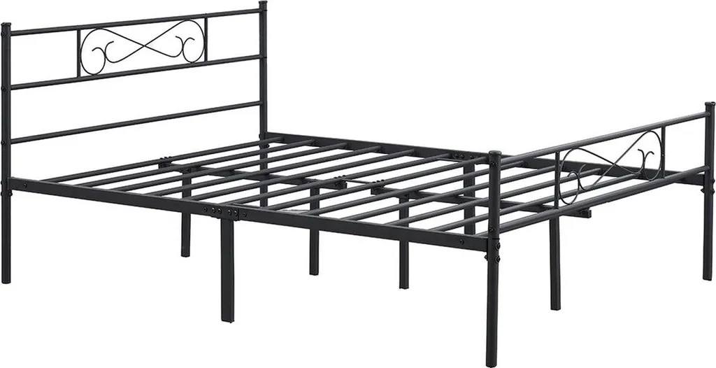 Lit Double 140x200 cm en Métal Noir avec Sommier Intégré pour 2 Personnes