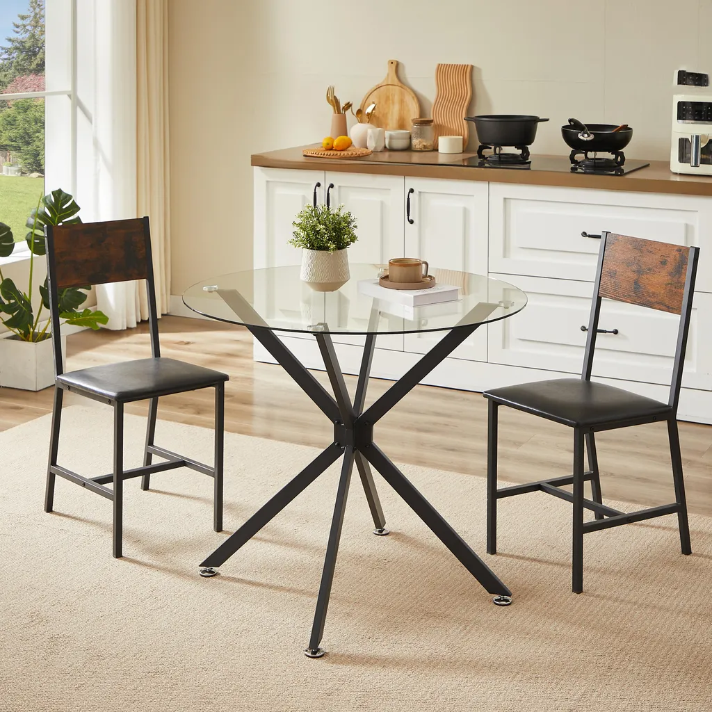 Table de cuisine ronde en verre et métal noir 90cm style industriel