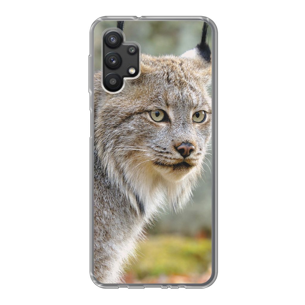 MuchoWow Handyhülle Schutzhülle Hülle für Samsung Galaxy A32 5G Luchs - Wald - Grau Silikon Softcase Handy Hülle - Softcase