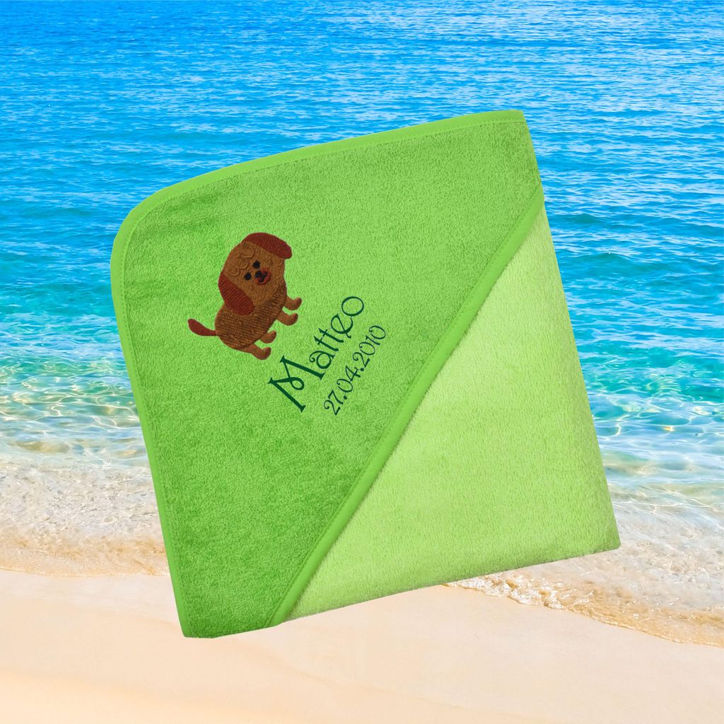Kapuzenhandtuch für Babys/Jungen, hellgrün, Größe ca. 100 x 100 cm, Motiv Hund, Frottee in Baumwolle, bestickt personalisierbar mit Namen