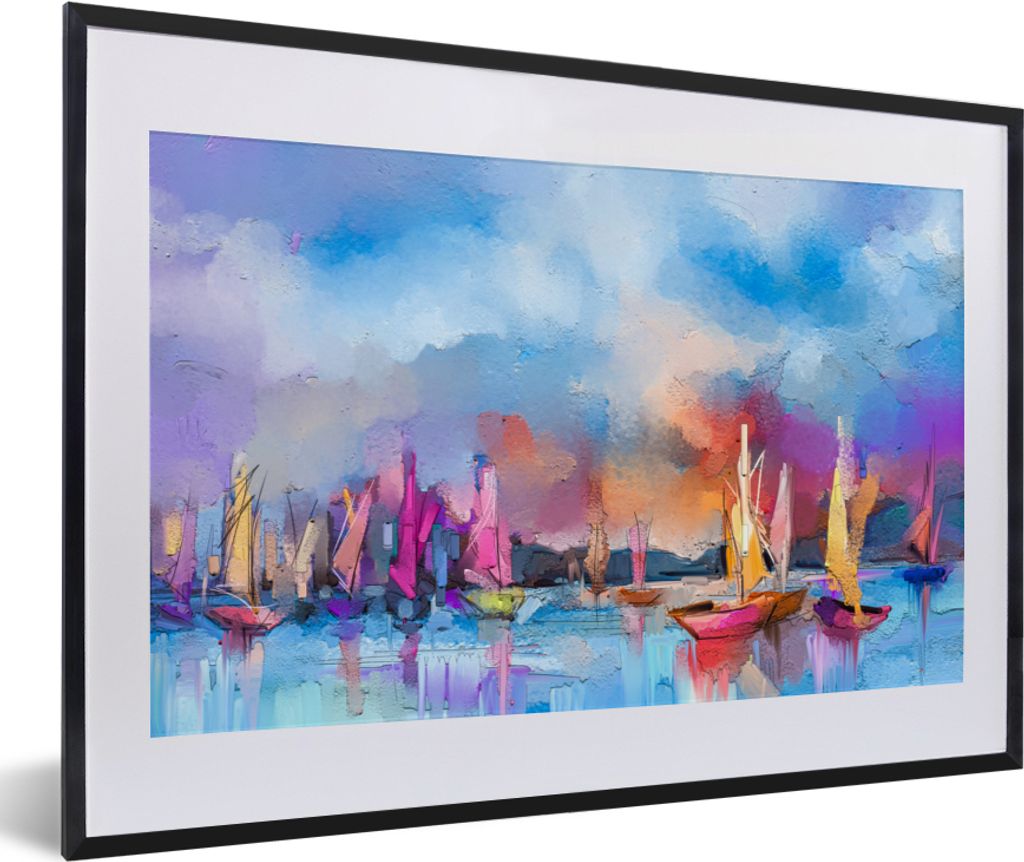 MuchoWow Gerahmtes Poster Malerei - Boote - Wasser 60x40 cm - Poster mit Schwarzem Bilderrahmen Wandposter Rahmen Foto Bilder - Schlafzimmer - Pl...