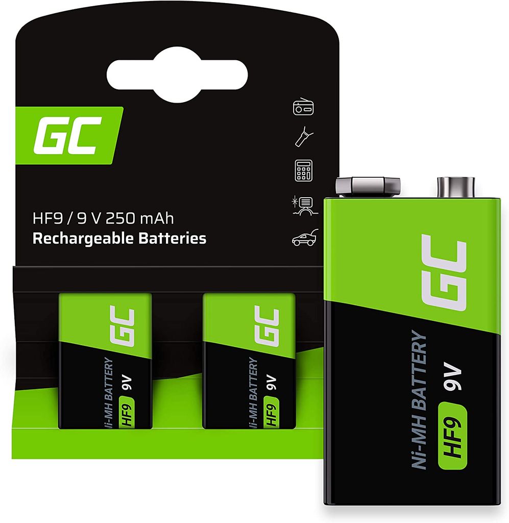Green Cell 250mAh 9V 2 Stck Vorgeladene NI-MH 9V-Akkus - Akkubatterien HF9 9-V-Zellen, sofort einsatzbereit, geringe Selbstentladung, wiederaufladb...