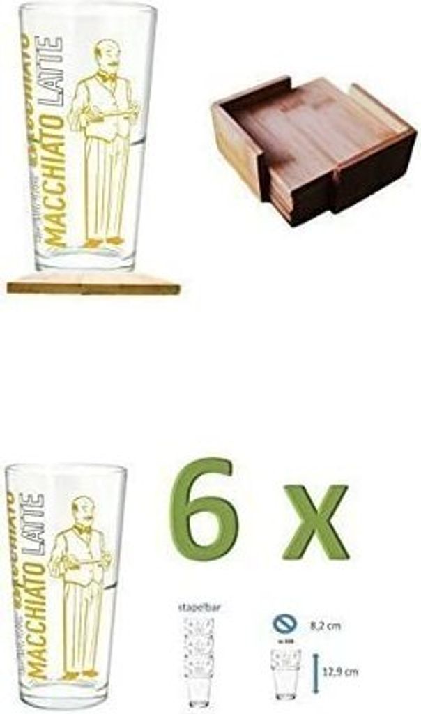 6 stapelbare Glasbecher/Glühweinbecher/Teebecher/Kaffeebecher aus Glas cc350 inkl. 7 Untersetzer mit Box