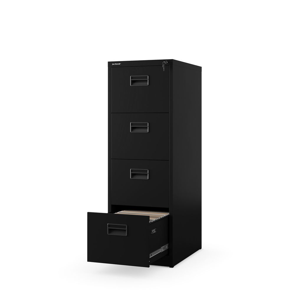 A black four-drawer filing cabinet with one drawer slightly open, on a white background.