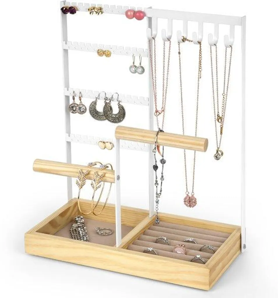 Présentoir bijoux design 4 niveaux en métal blanc et socle bois massif