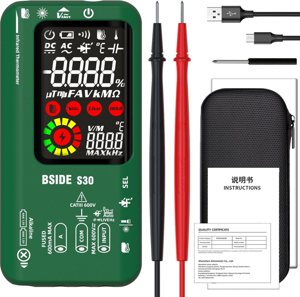 BSIDE 4-in-1-Digitalmultimeter, Infrarot-Thermometer, elektrischer Teststift, Schaltkreisanalysator-Detektor, 3,5-Zoll-LCD-Farbdisplay, Handmultime...
