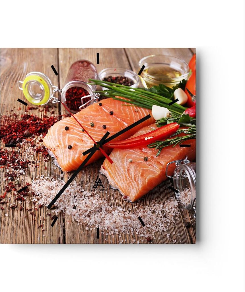 Wanduhr - Quadrat - Glasuhr - Lachs Fisch Essen Küche - 40x40cm - Schleichendes Uhrwerk - Lautlos - zum Aufhängen bereit - Dekoration Modern - Wa...