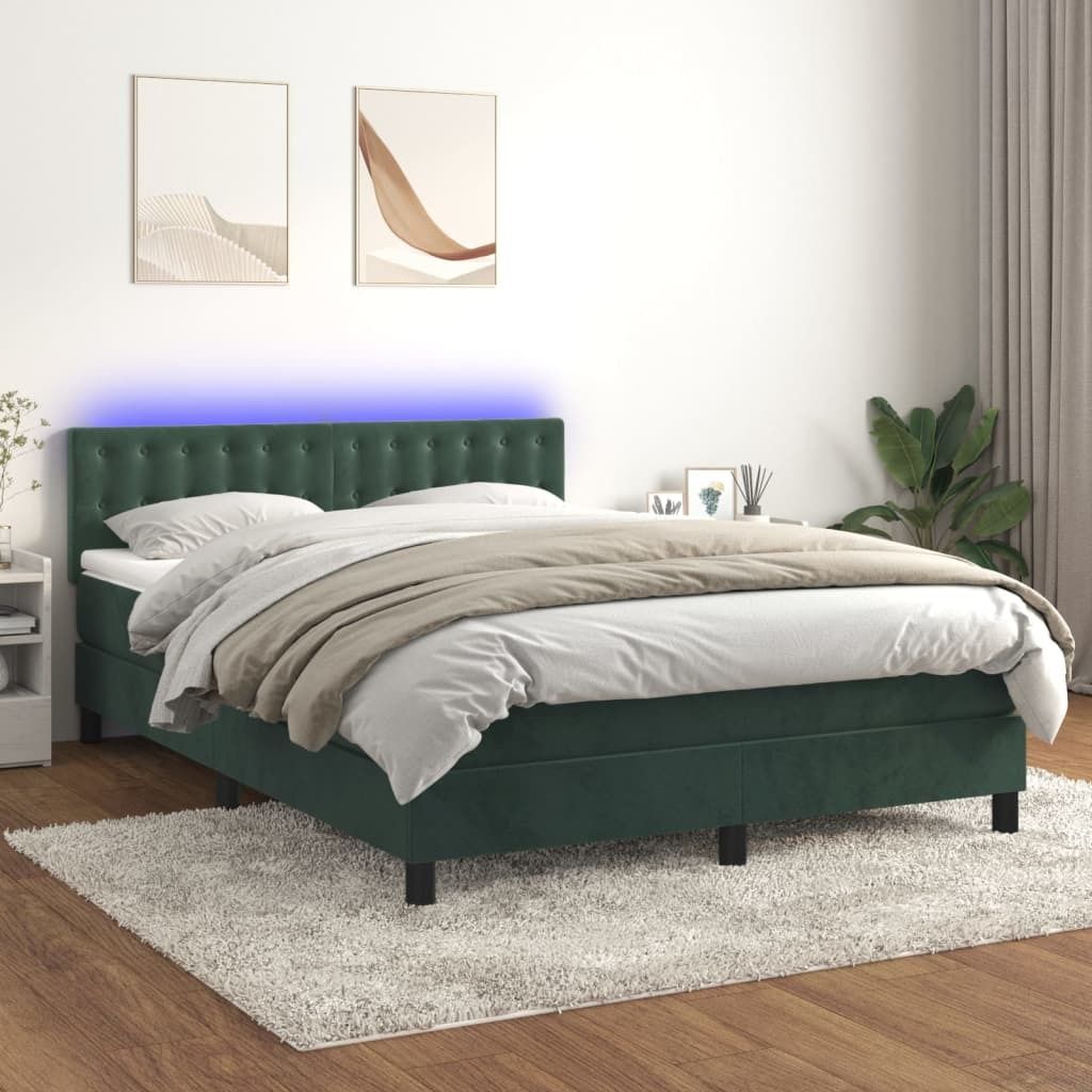 The Living Store Boxspringbett mit Matratze & LED Dunkelgrün 140x190 cm Samt