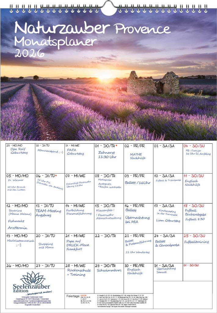 Naturzauber Provence Planer DIN A3 Kalender für 2026 Urlaub Landschaft Natur Mediterran Frankreich - Seelenzauber