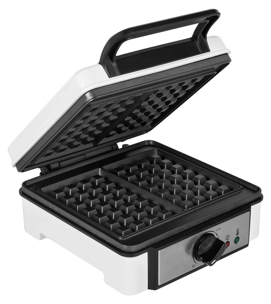 A white and black waffle maker with its lid open, showing the waffle plates.