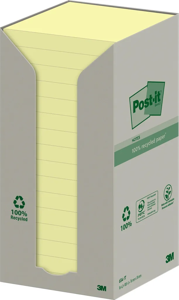 Post-it Riciclati 654-1T Gialli 76x76mm | Pacco convenienza da 16 Pezzi