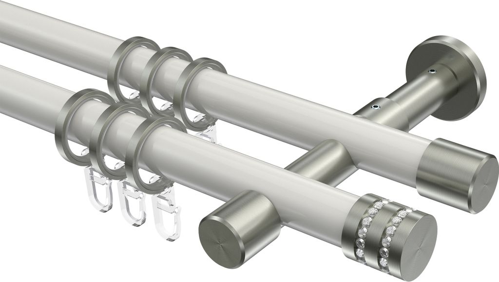 Interdeco Gardinenstange / Vorhangstange Weiß / Edelstahl-Optik, Typ Prestige Estana (Glitzerkappe), 20 mm Ø 2-läufig, 440 cm