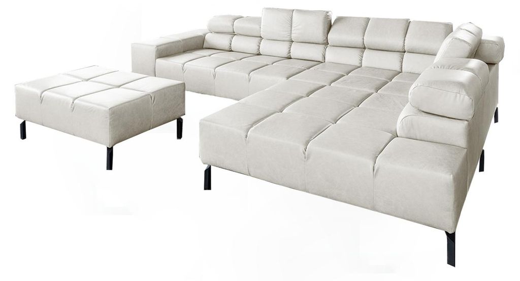 KAWOLA Sofa NELSON Ecksofa Leder hellgrau mit motorischem Sitzvorzug und Hocker Recamiere rechts
