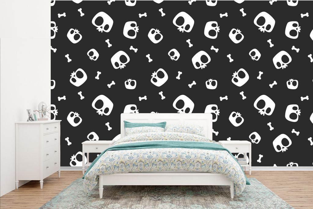 MuchoWow Fototapete für Wohnzimmer oder Schlafzimmer Wandtapete Vinyl Motivtapete Muster - Schädel - Skelett - Knochen - Junge - Kinder - Kinde...