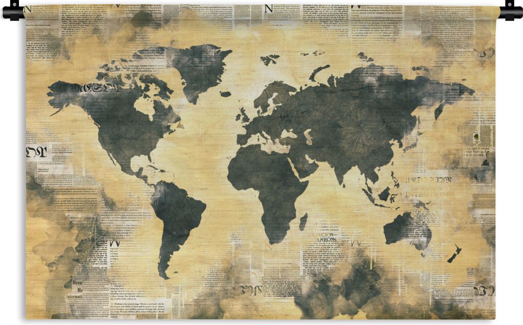 MuchoWow Wandteppich Wandbehang Weltkarte - Gold - Zeitungen 60x40 cm Tapisserie Dekoration Wandtuch - Wanddekorationen