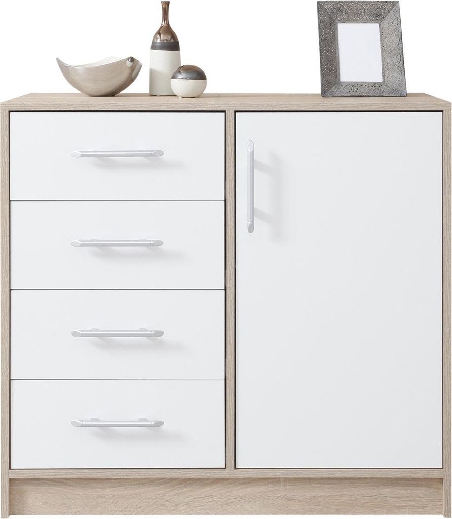 Masseno Kommode VANO 90 cm Sideboard mit 4 Schubladen und 1 Türen für Wohnzimmer Schlafzimmer Modern 90x40x84 cm Sonoma Eiche / Sonoma Eiche