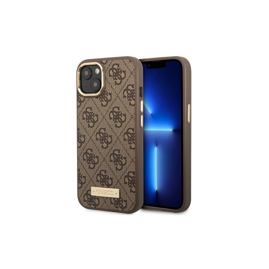 A brown iPhone case with a repeating Guess logo pattern is shown next to an iPhone.