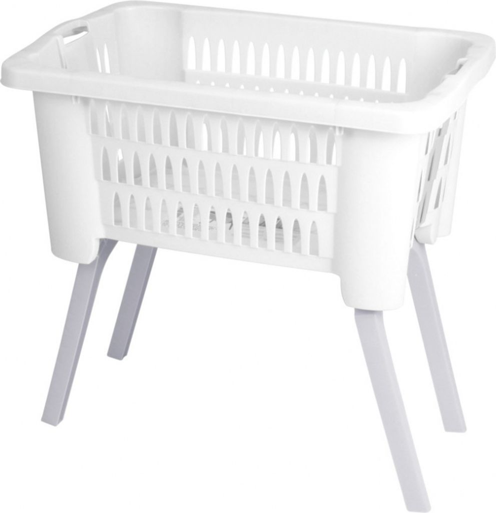 A white laundry basket with legs, shown from a three-quarter angle against a white background.