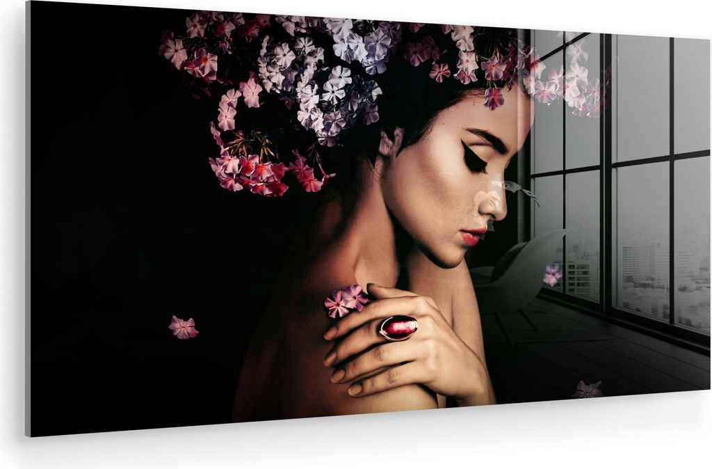 MuchoWow Glasbilder - Bilder auf Wandbild - Foto auf Glas Blossom - Frau - Rosa - Luxus 80x40 cm Wanddekoration aus Glas - Acrylglasbild - Acrylbil...