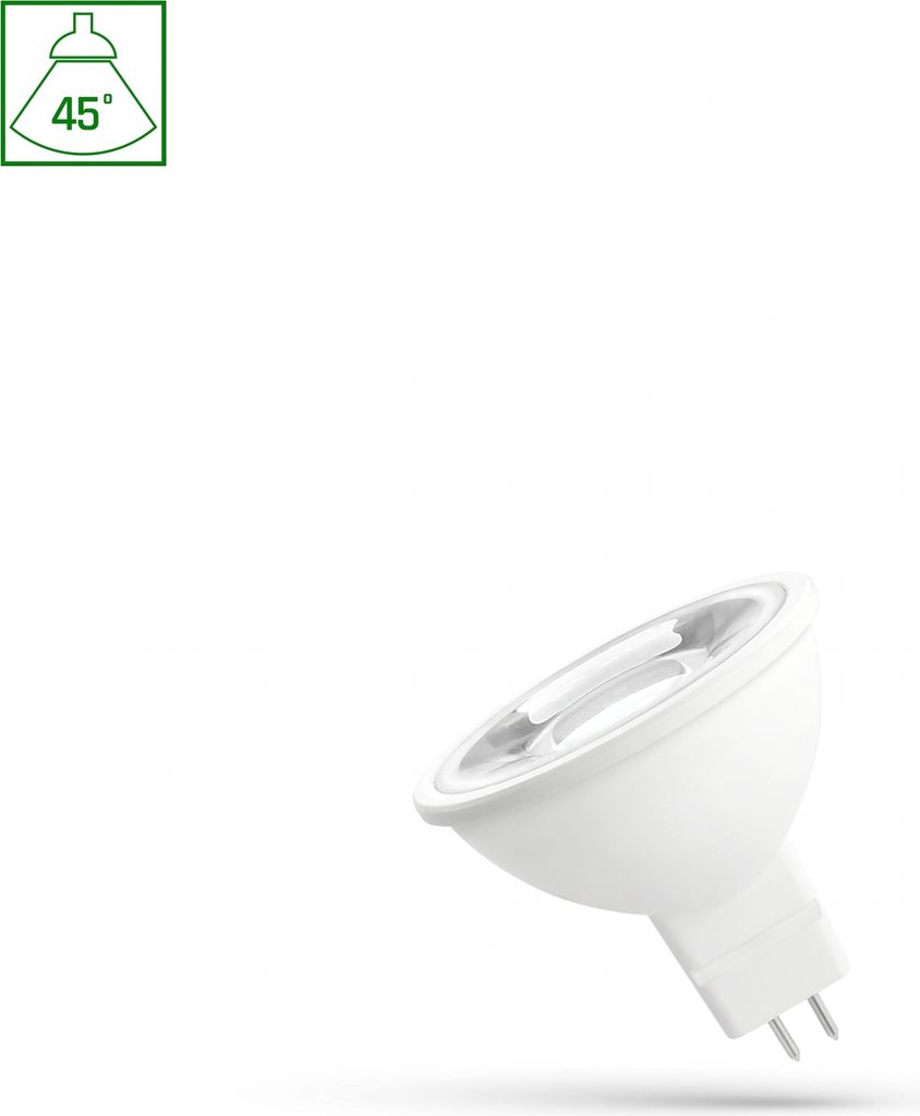A white LED light bulb with a silver reflector is shown against a white background. A green icon with '45°' is in the top left corner.
