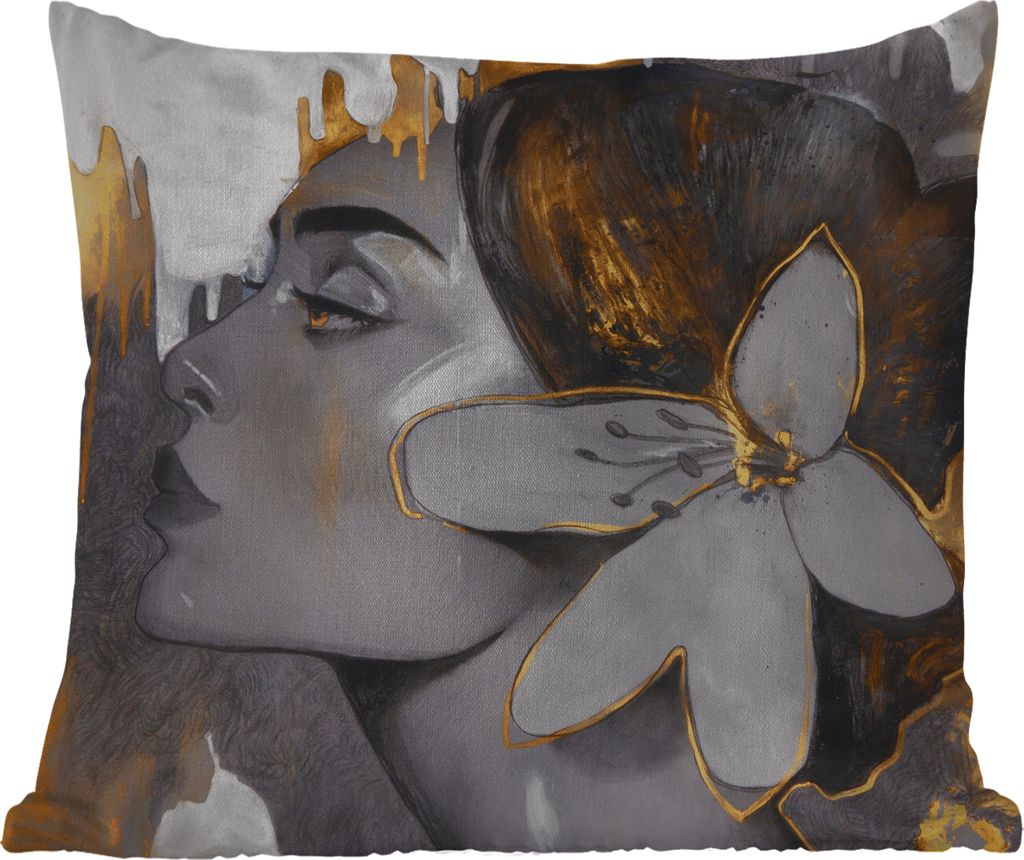 MuchoWow Outdoor Kissen - Gemälde - Ölgemälde - Frau - Blume - Gold - 50x50 cm - Wetterfest - Lounge Kissen - Komfortabel - Kissen mit Bild