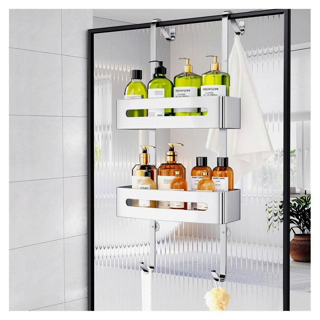 Hängende Duschablage, Duschregal ohne Bohren aus Edelstahl, Badezimmer Organizer für Shampoo mit Halterung, Duschkorb mit 4 Haken und zwei Körbe...