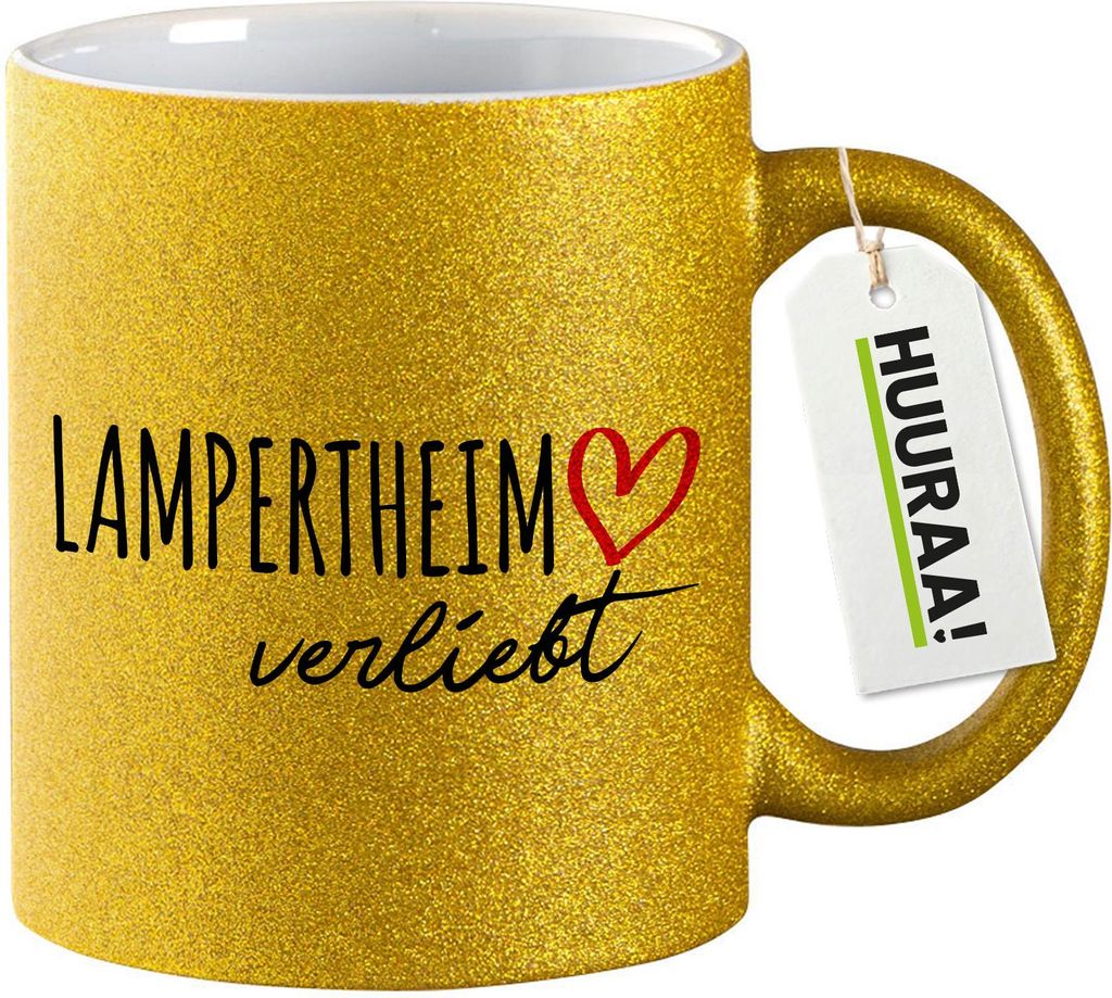 Huuraa Glitzertasse Lampertheim verliebt 330ml Gold Keramik Kaffeebecher Geschenkidee