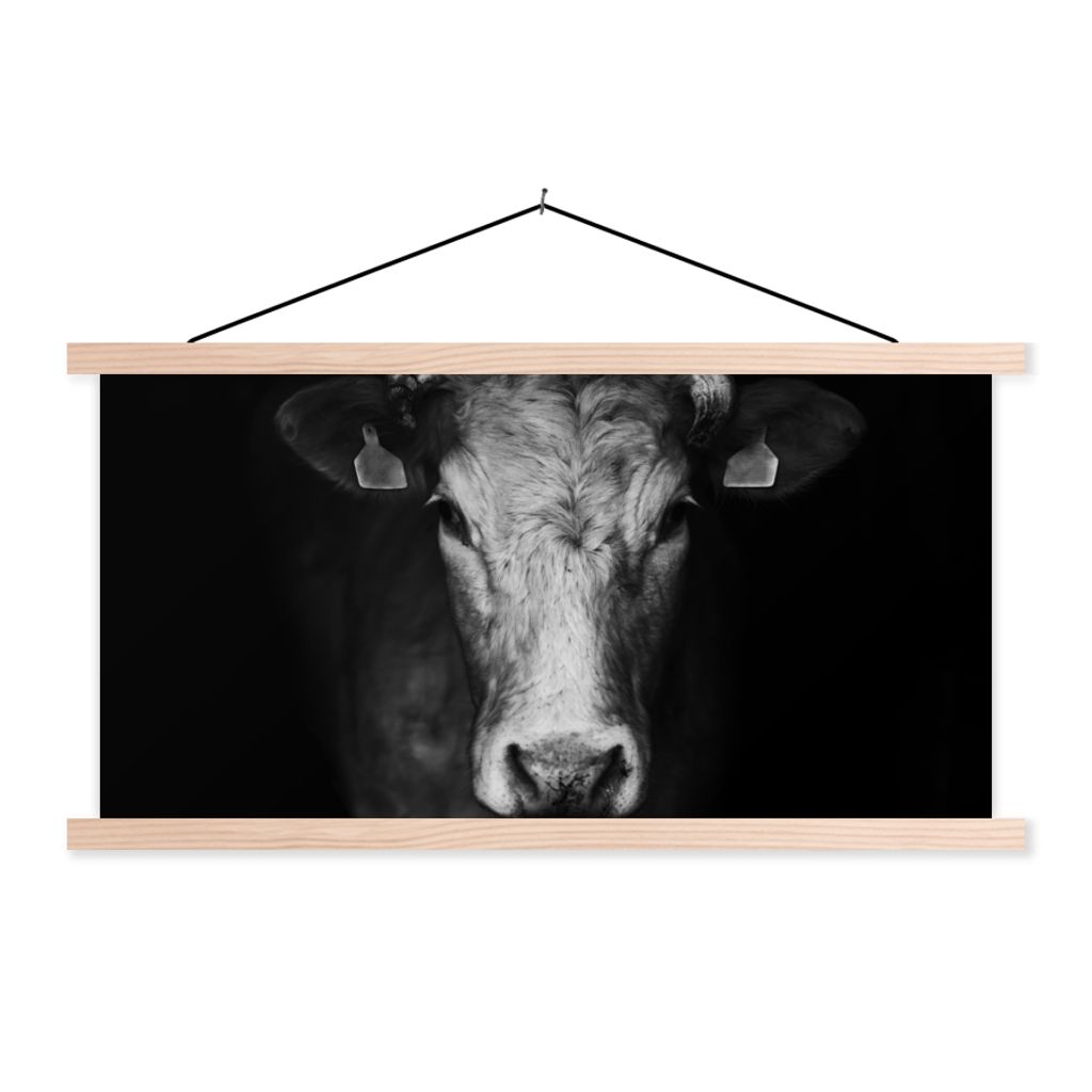 MuchoWow Textilposter Tiere - Kuh - Schwarz - Weiß - Kuhkopf 60x30 cm mit holzfarbenen Rahmen - Dekoration
