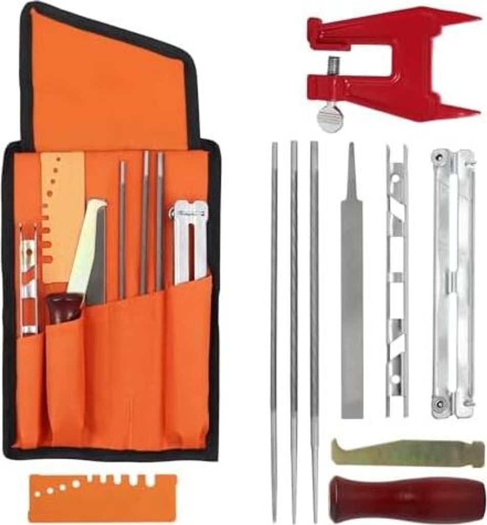 Poweka Kettensägen Schärffeilen Kit,Sägekettenfeilenset zum Schärfen von Kettensägen Inklusive Feilen, Holzgriffen, Tiefenmesser, Feilenführu...