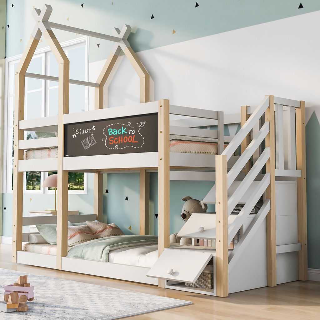 Kinder-Etagenbett 90x200 cm Baumhaus-Design Kiefer-Massivholz Hochbett mit Rutschschutz Tafel & Stauraum-Treppe Weiß Natur Ohne Matratze