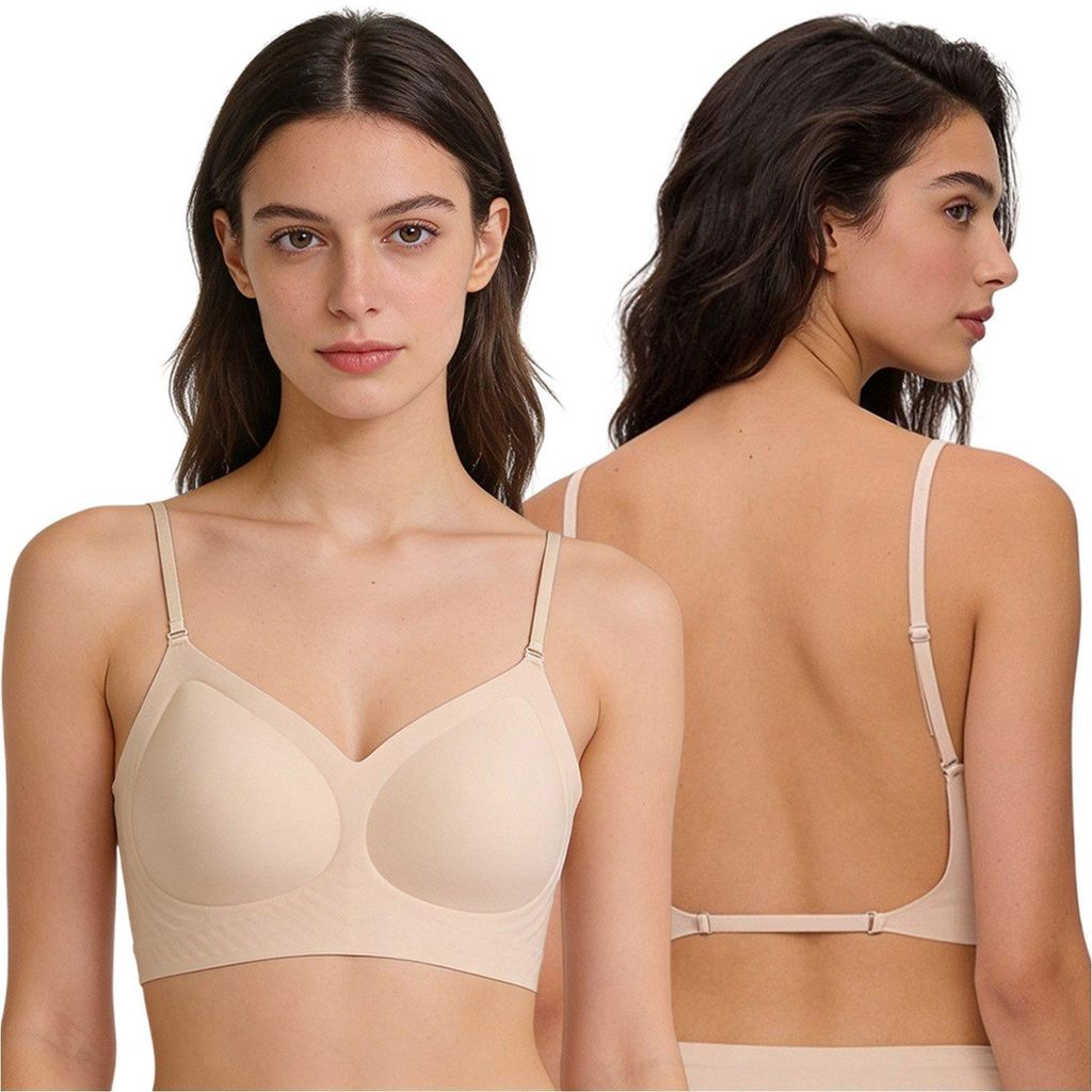 BH Rückenfrei für Damen, Ohne Bügel, Multiway BH mit Herausnehmbare Cups, Beige Größe L