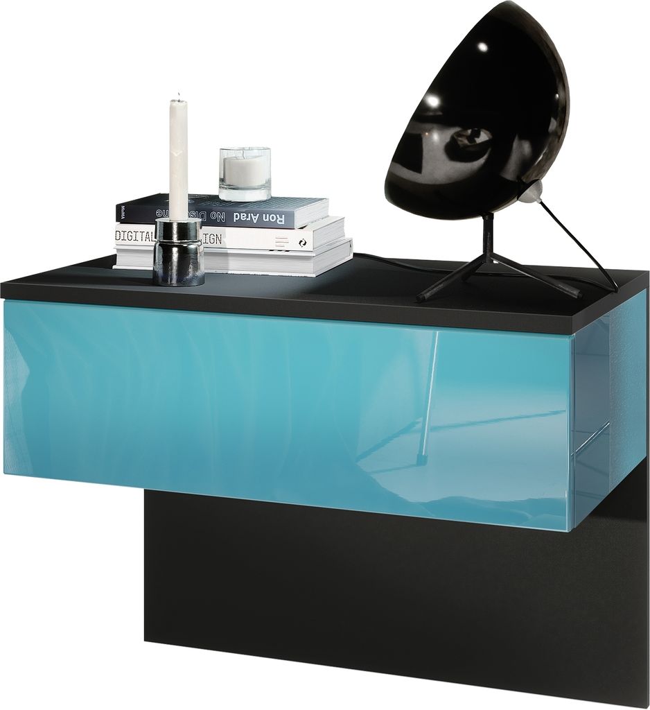 Vladon Nachttisch Sleep, Germany, Nachttischschrank mit Schublade zur Wandmontage, Schwarz matt/Petrol Hochglanz (60 x 46 x 35 cm)