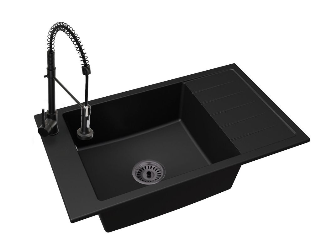 Küchenspüle Einbecken Luis Set mit Siphon Schwarz und Armatur Spiral Schwarz
