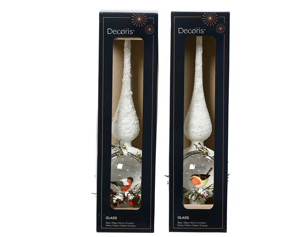 Décoration sapin 31 cm en verre blanc motif neige et oiseau artisanal