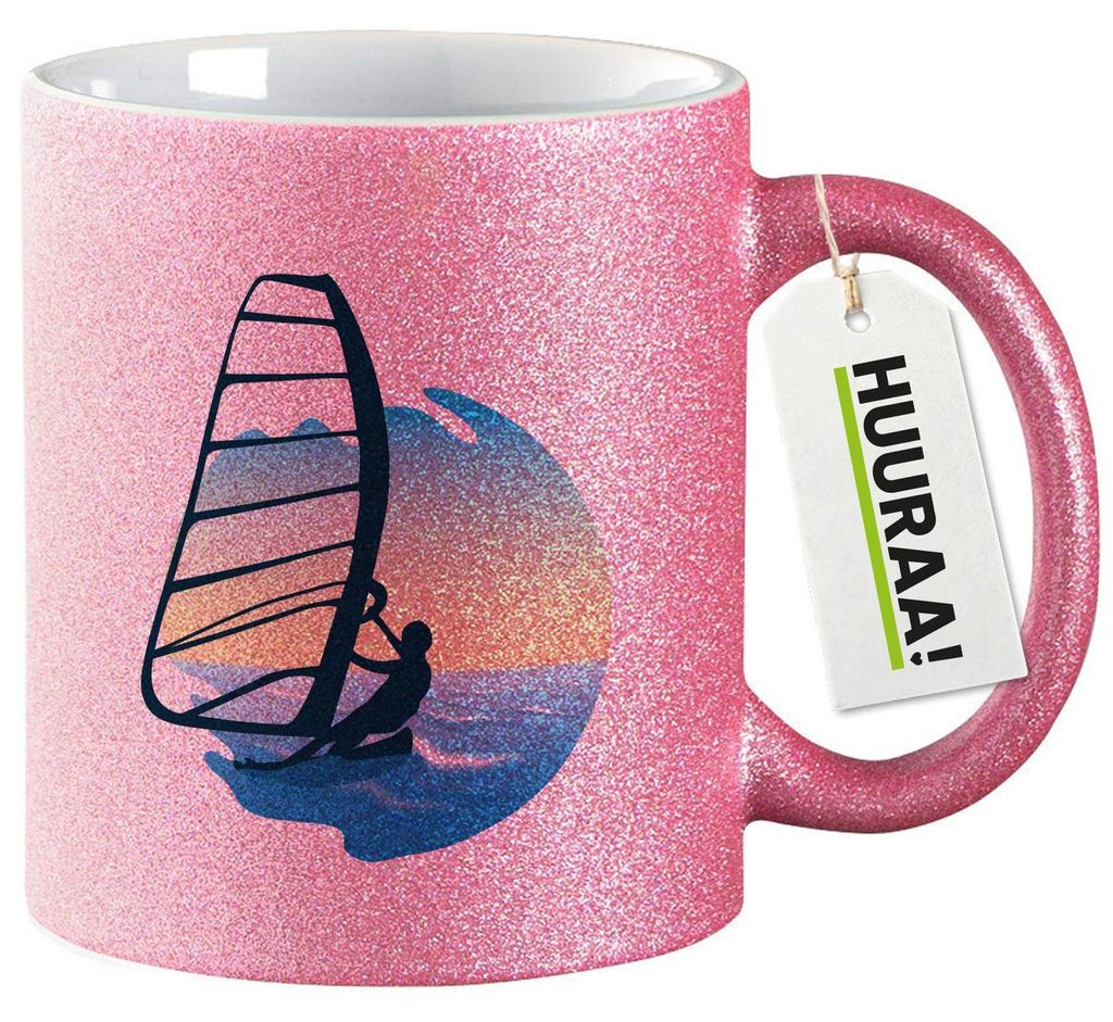 Huuraa Glitzertasse Windsurfer Surfen 330ml Pink Keramik Kaffeebecher Geschenkidee