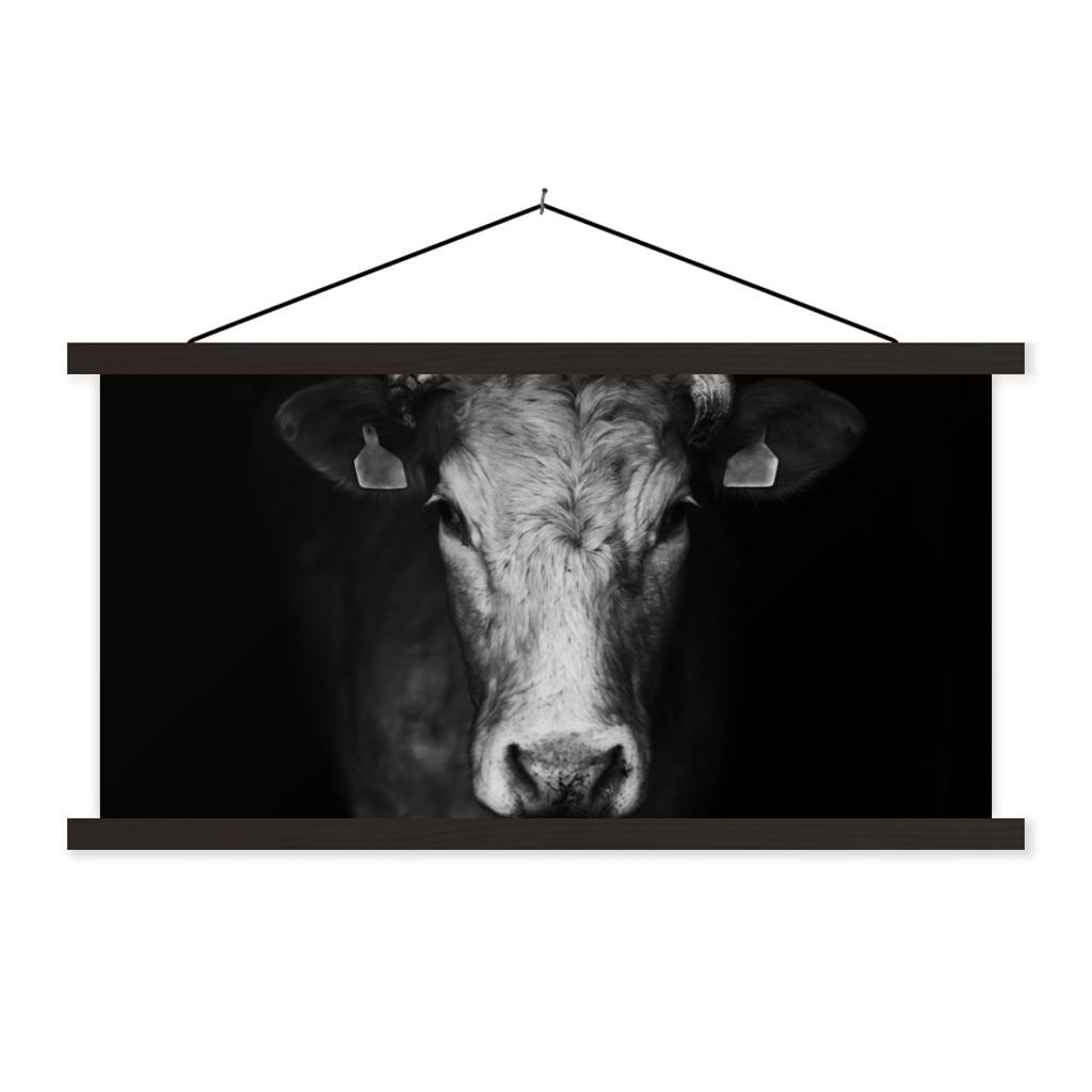 MuchoWow Textilposter Tiere - Kuh - Schwarz - Weiß - Kuhkopf 60x30 cm mit schwarzem Rahmen - Textilien