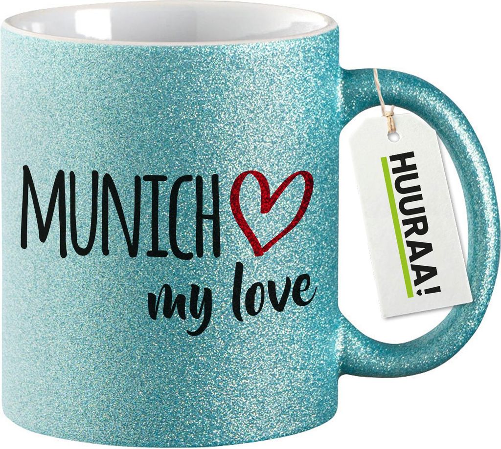Huuraa Glitzertasse Munich my love 330ml Blau Keramik Kaffeebecher Geschenkidee