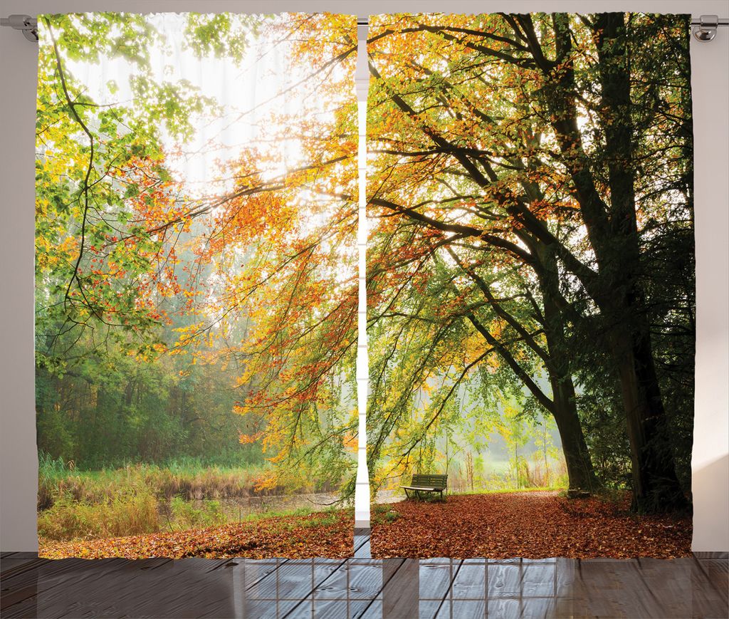 ABAKUHAUS Fallen Rustikaler Vorhang, Herbst Wald Peace View, Wohnzimmer Universalband Gardinen mit Schlaufen und Haken, 280 x 225 cm, Orange Grün