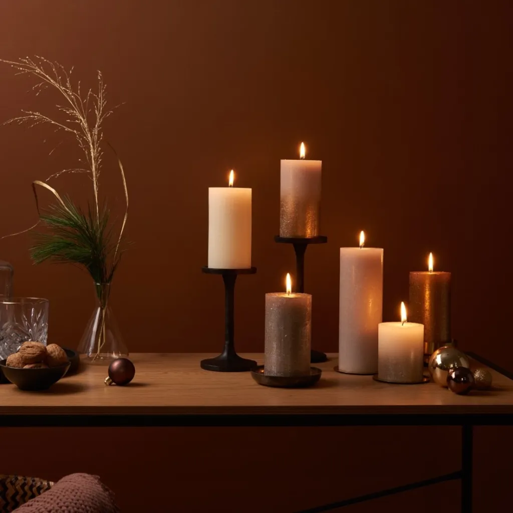 Bougies de Table Rustiques pour Ambiance Chaleureuse Gris Sable et Or