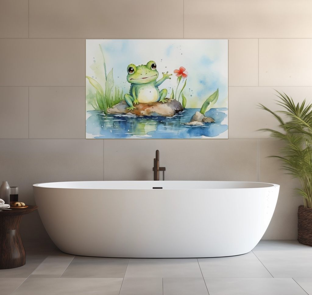 Wallario wasserfestes Poster selbstklebend 70 x 100 cm, Frosch in Aquarell, Badezimmerposter Spritzschutz mit Hochglanzoberfläche in Glasoptik